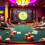 Excited gamblers engaging at a high-stakes table featuring GG88 chips and cards.