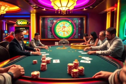 Excited gamblers engaging at a high-stakes table featuring GG88 chips and cards.