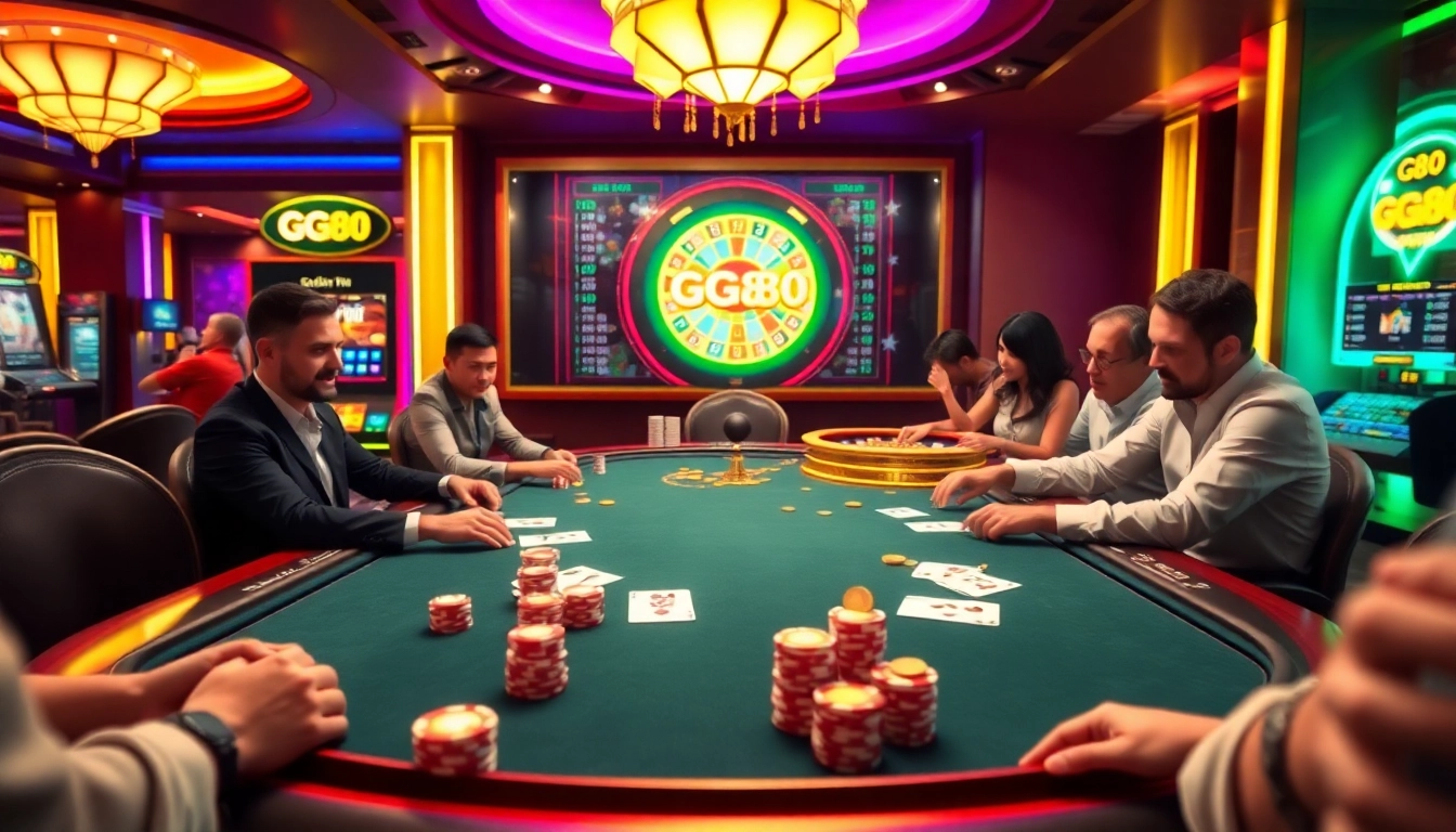 Excited gamblers engaging at a high-stakes table featuring GG88 chips and cards.