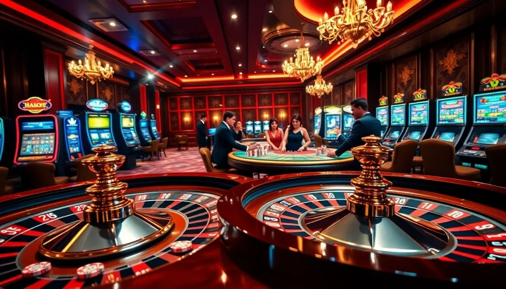 Engage in thrilling games at Trang Chủ HM88, featuring a roulette wheel and vibrant casino atmosphere.