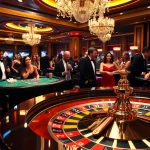Gamblers enjoying a thrilling roulette game at a luxury casino, inspired by https://kuwinzhz.com/ with vibrant chips and excited players.