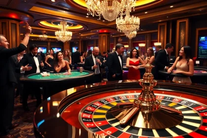 Gamblers enjoying a thrilling roulette game at a luxury casino, inspired by https://kuwinzhz.com/ with vibrant chips and excited players.
