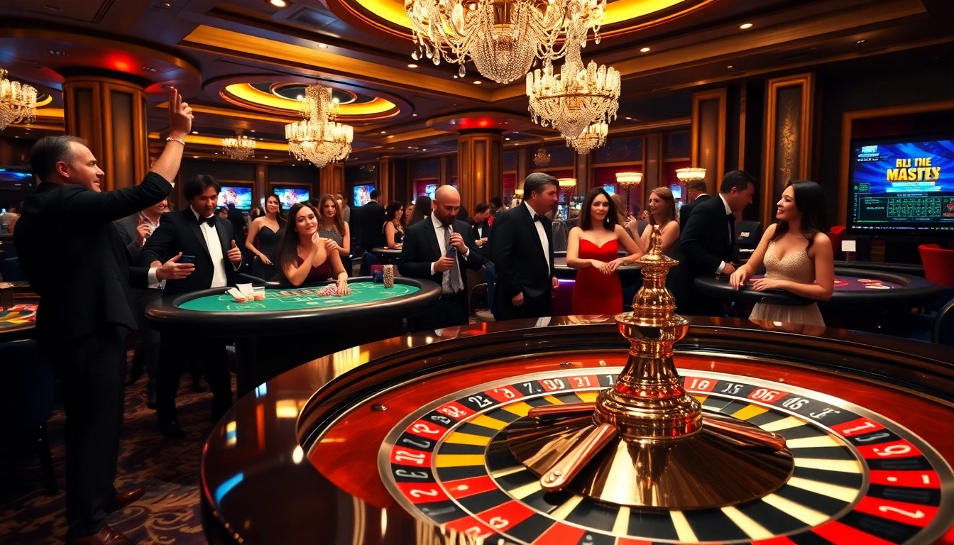 Gamblers enjoying a thrilling roulette game at a luxury casino, inspired by https://kuwinzhz.com/ with vibrant chips and excited players.