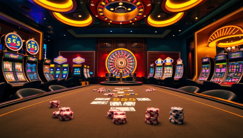 Experience the thrill of 555 win at a high-stakes poker table in a luxurious casino setting.
