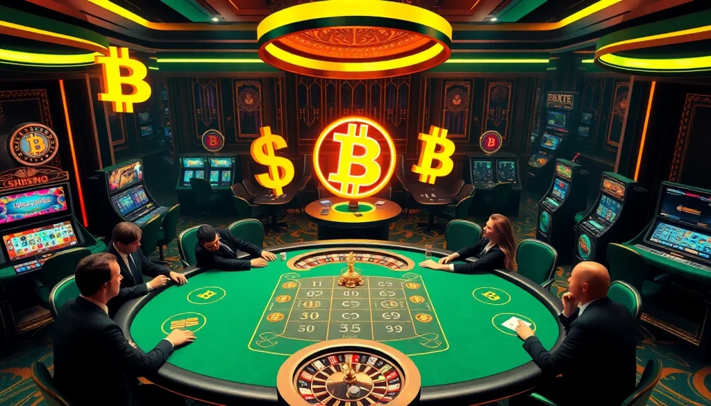 Ressentez l'excitation d'un casino Bitcoin avec une décoration élégante et une ambiance de jeu dynamique.