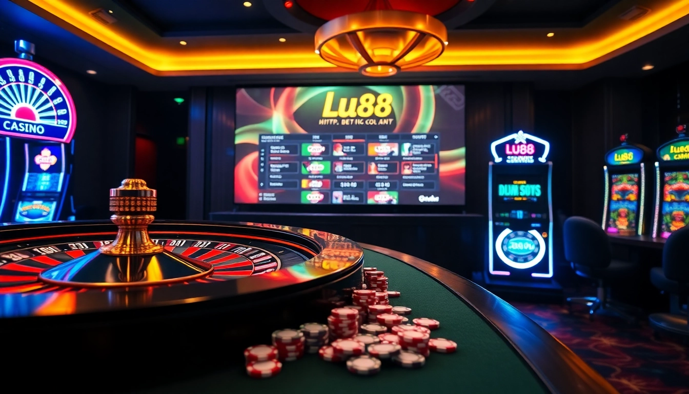 Experience online betting at https://lu88.co.com/ with vibrant casino imagery, chips, and roulette.