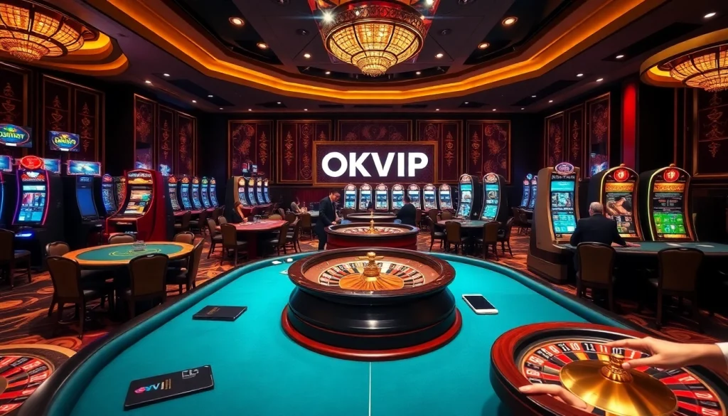 Experience the excitement of OKVIP with players enjoying high-stakes casino games and vibrant slot machines.