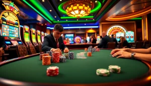 Experience thrilling gameplay at https://68vip.one/ with a vibrant poker table and engaging slot machines.