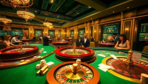Exciting casino scene featuring sports betting elements related to keonhacai5, showcasing tables and players in action.