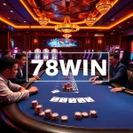 Exciting poker players enjoying a high-stakes game at a luxurious casino with 78WIN branding.