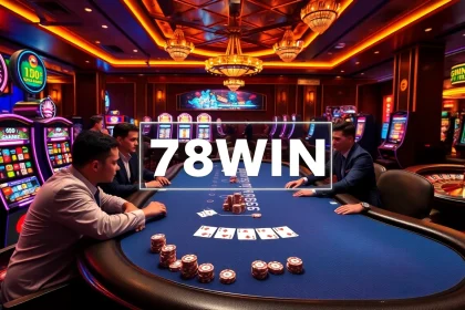 Exciting poker players enjoying a high-stakes game at a luxurious casino with 78WIN branding.