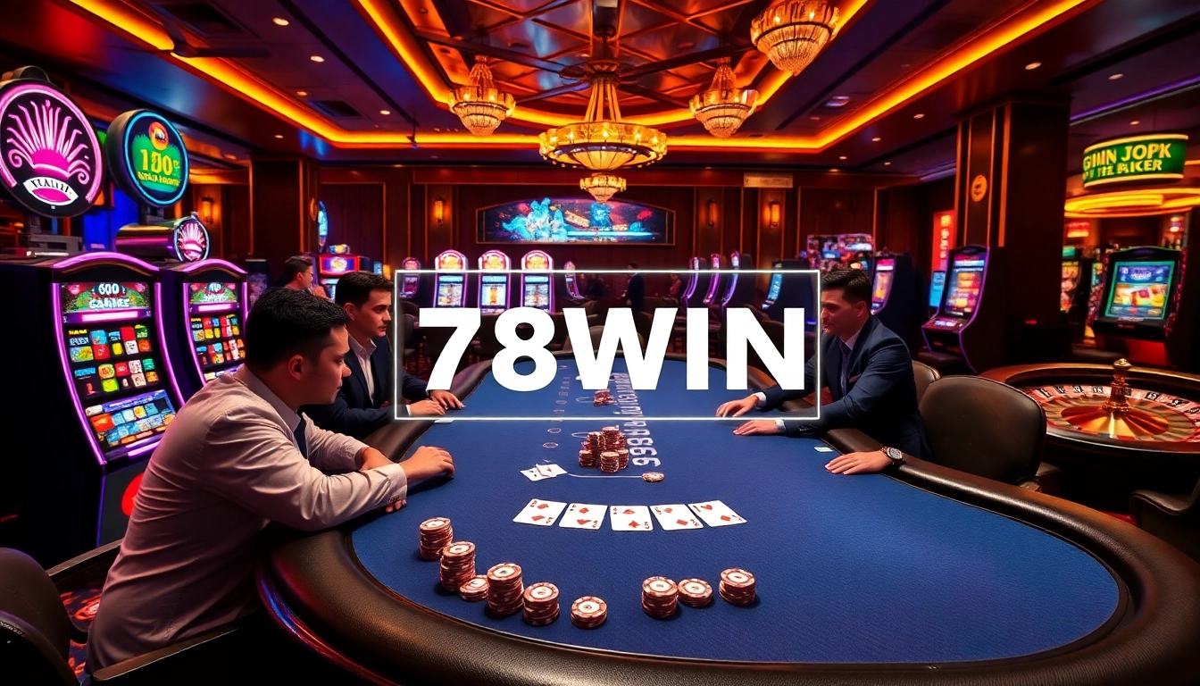 Exciting poker players enjoying a high-stakes game at a luxurious casino with 78WIN branding.