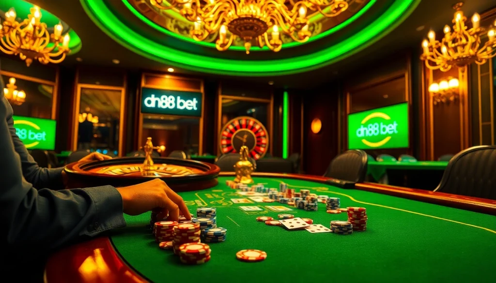 Experience the excitement of the dn88 bet casino scene with poker chips, cards, and a roulette wheel.