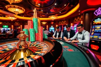 Experience high-stakes gambling at DH88.bio with a dynamic casino scene featuring roulette and poker tables.