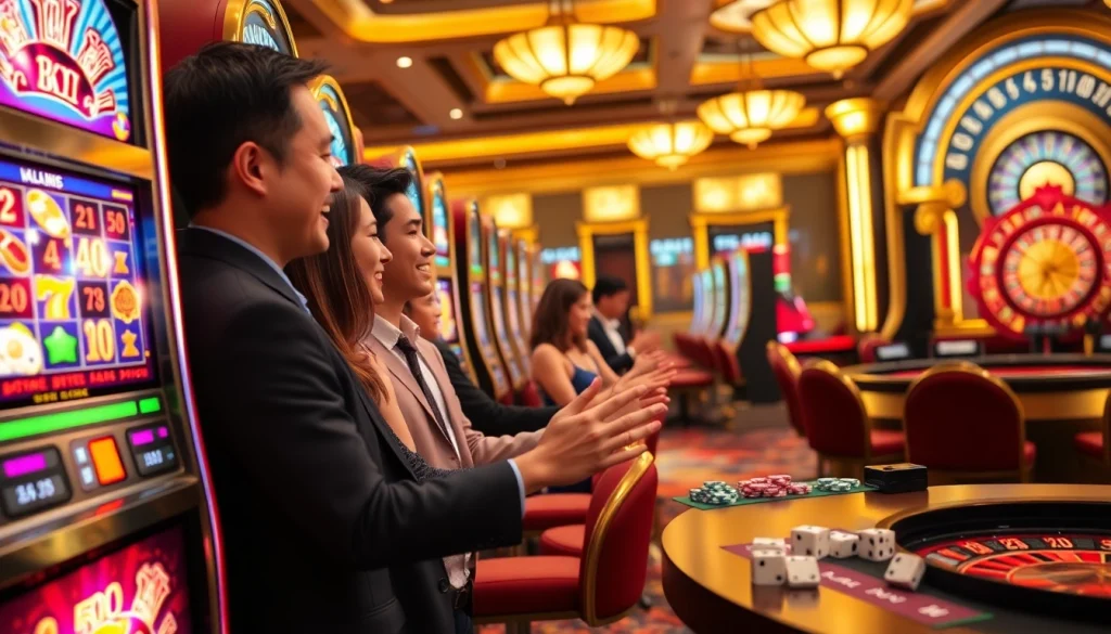 Players celebrating a jackpot win on the nổ hũ slot machine, exuding excitement in a luxurious casino.