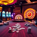 Intense gameplay at ABC8 casino, showcasing players at a poker table with vibrant chips and cards.