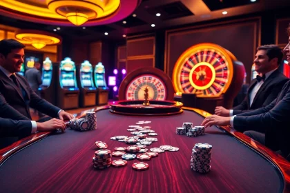 Intense gameplay at ABC8 casino, showcasing players at a poker table with vibrant chips and cards.