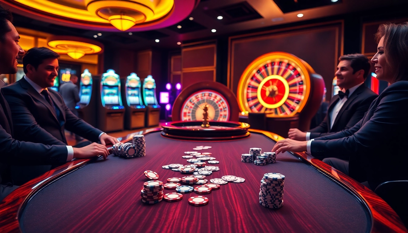 Intense gameplay at ABC8 casino, showcasing players at a poker table with vibrant chips and cards.