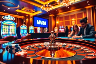 Players enjoying a thrilling game at the MV88 casino with vibrant poker chips and roulette table.