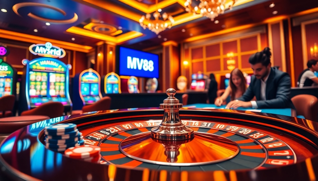 Players enjoying a thrilling game at the MV88 casino with vibrant poker chips and roulette table.