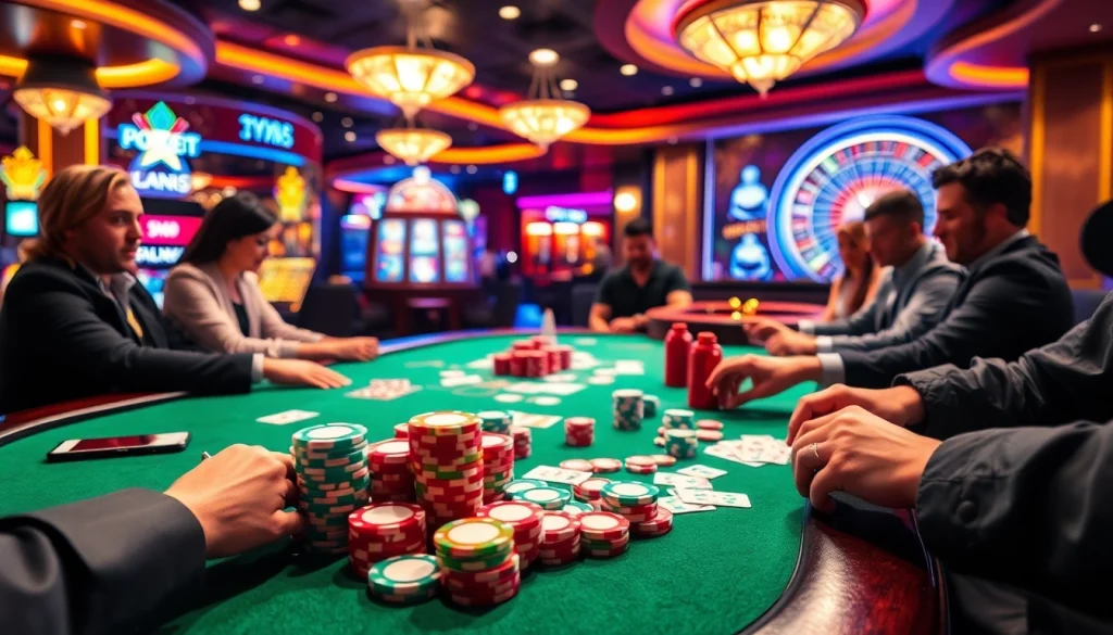 Players engage in a thrilling poker game at Lc88.marketing casino, showcasing vibrant chips and cards.