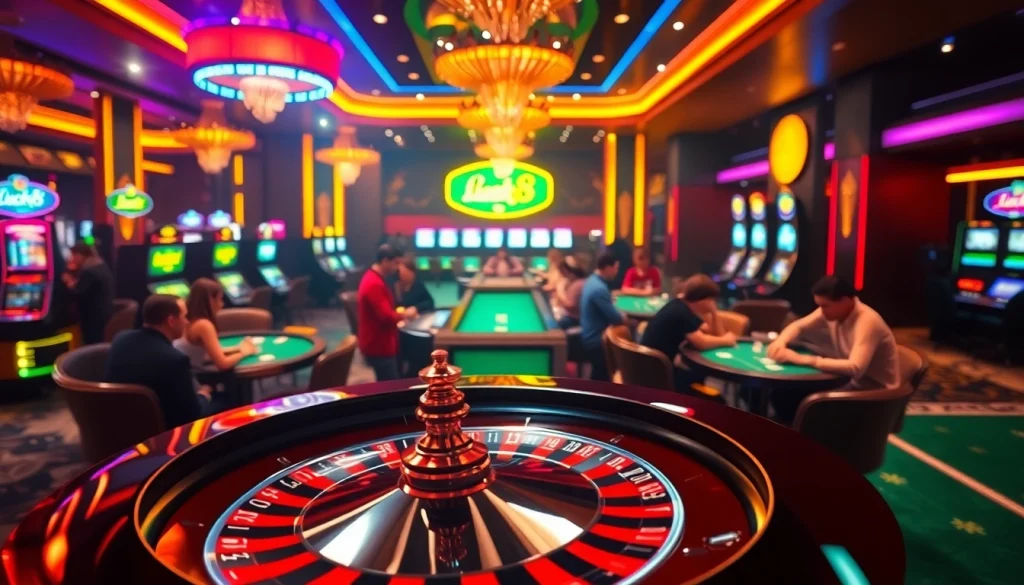 Exciting gaming environment at Luck8 featuring a roulette wheel and poker tables.