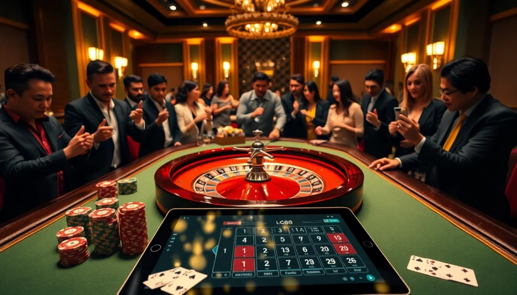Eager players at a vibrant casino table featuring Lc88.marketing branding amidst poker chips and cards.