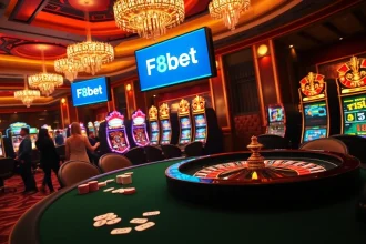 F8bet players engage at a vibrant casino table with poker chips and cards, showcasing excitement.