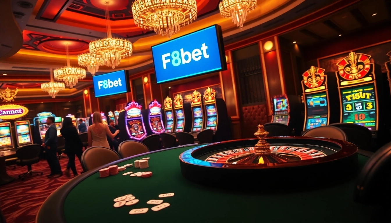 F8bet players engage at a vibrant casino table with poker chips and cards, showcasing excitement.