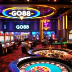 Experience the excitement of GO88 with vibrant slot machines and poker tables in a luxurious casino environment.