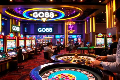 Experience the excitement of GO88 with vibrant slot machines and poker tables in a luxurious casino environment.