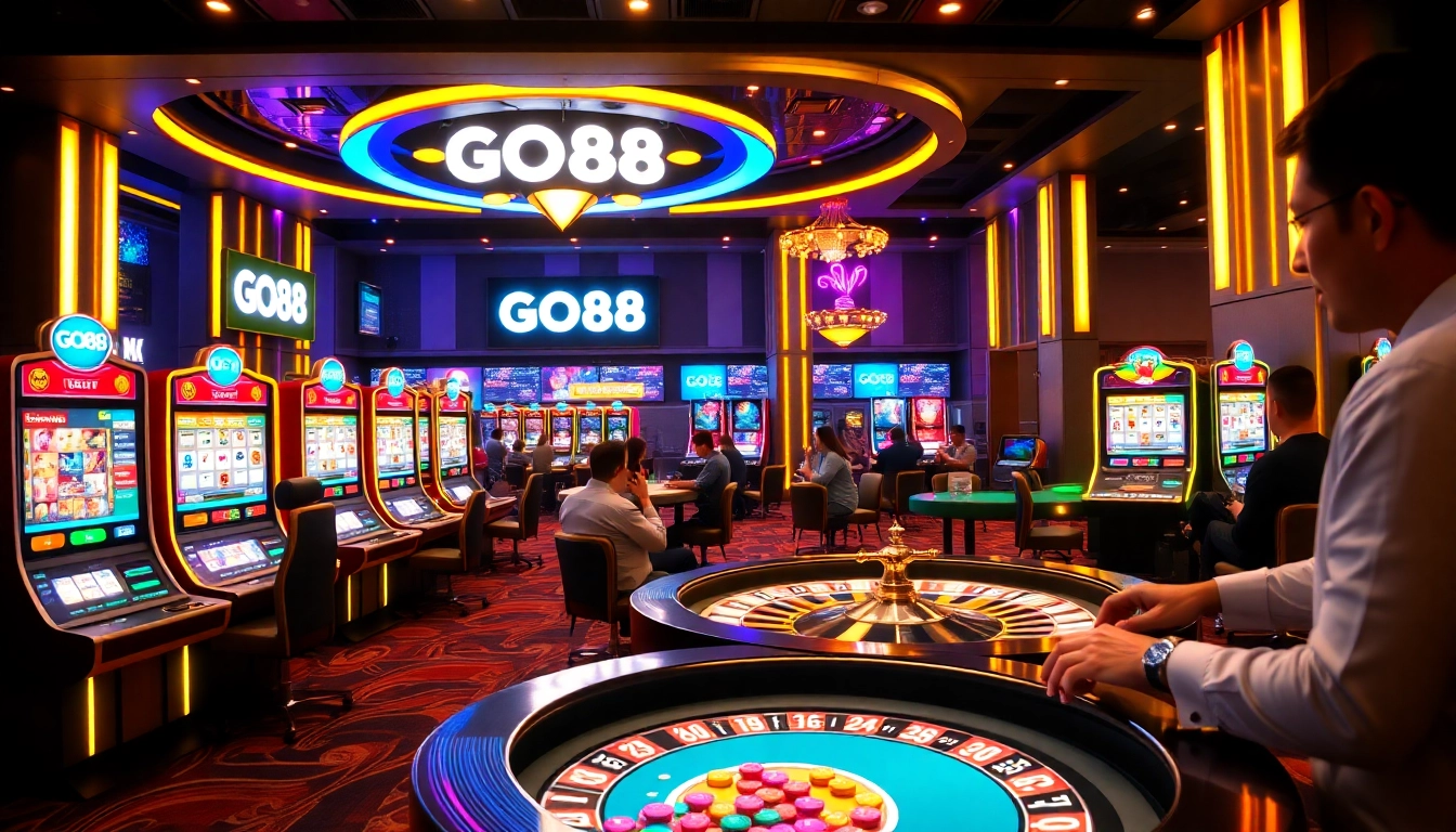 Experience the excitement of GO88 with vibrant slot machines and poker tables in a luxurious casino environment.