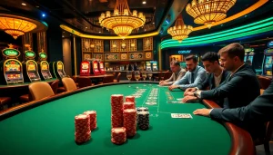 Exciting poker action and vibrant casino visuals inspired by j88.gives, featuring luxury and strategy.