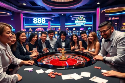 A group of players enjoying an exciting roulette game at 888new's luxurious casino.