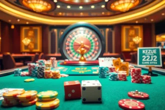 Experience excitement at the 22jl casino table with vibrant poker chips, cards, and a spinning roulette wheel.