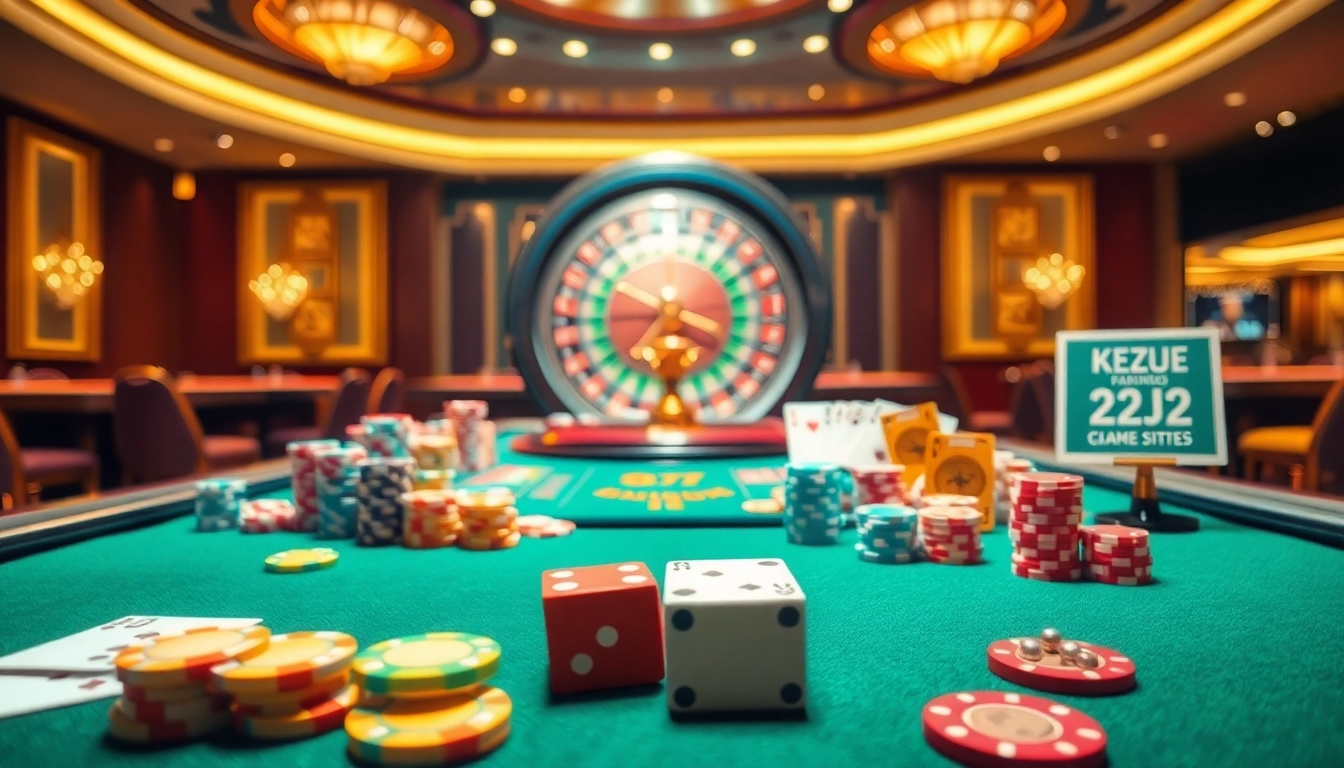 Experience excitement at the 22jl casino table with vibrant poker chips, cards, and a spinning roulette wheel.
