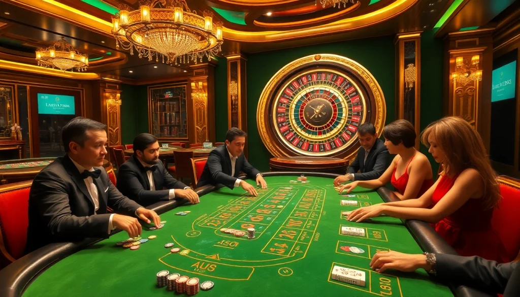 Exciting casino action at https://bong88.casa/ featuring intense blackjack gameplay with colorful chips and roulette in a luxurious setting.