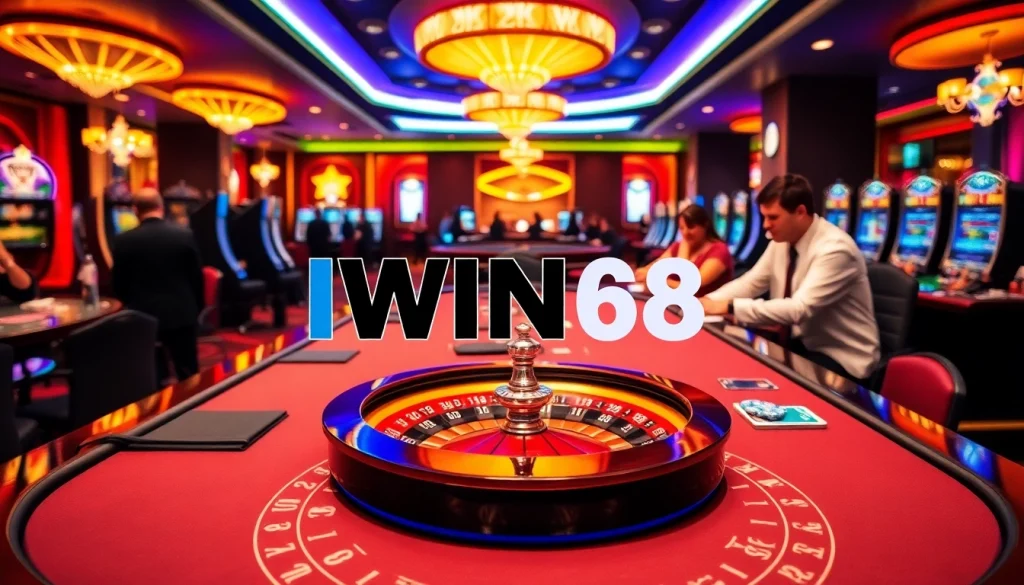 IWIN68 players enjoying a thrilling game at a luxurious casino table with vibrant colors.