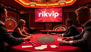 Players engaging in a thrilling poker game at rikvip casino, featuring vibrant colors and exhilarating atmosphere.