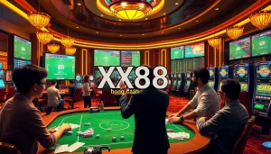 Xx88 bóng đá betting excitement with virtual sports interface, vibrant casino atmosphere.