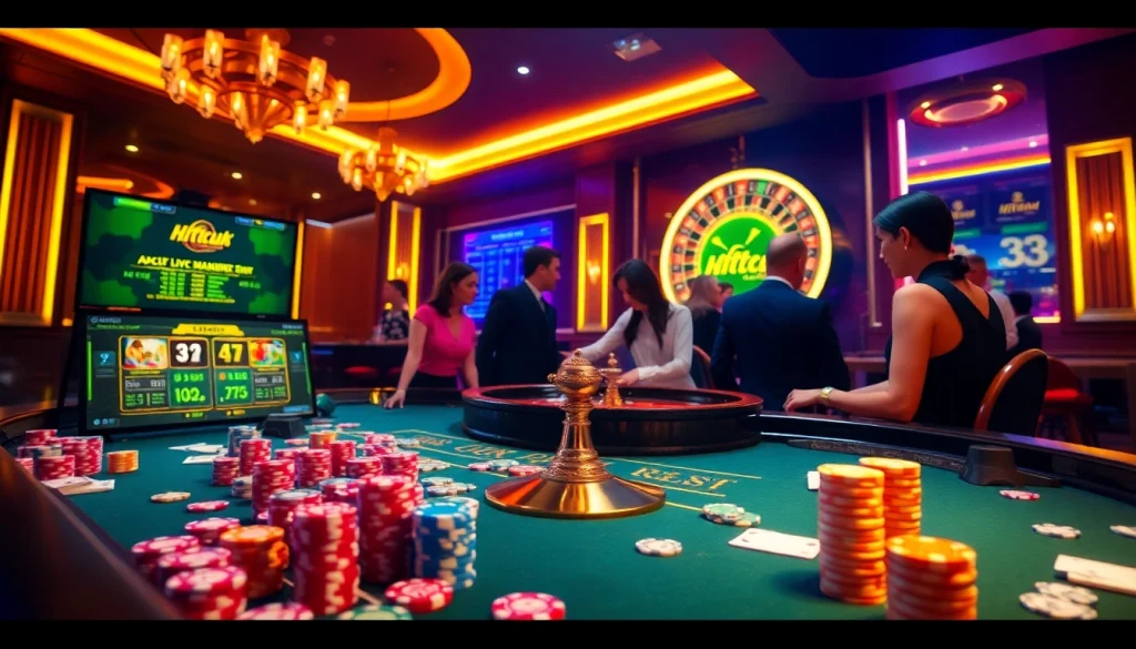 Engage in thrilling casino gaming at Hitclub with vibrant chips, cards, and a roulette wheel.