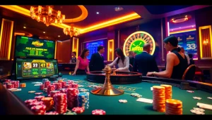 Engage in thrilling casino gaming at Hitclub with vibrant chips, cards, and a roulette wheel.