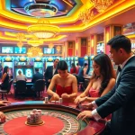 Players enjoying thrilling games at the FC88 casino, showcasing excitement and luxury.