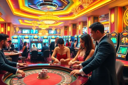 Players enjoying thrilling games at the FC88 casino, showcasing excitement and luxury.