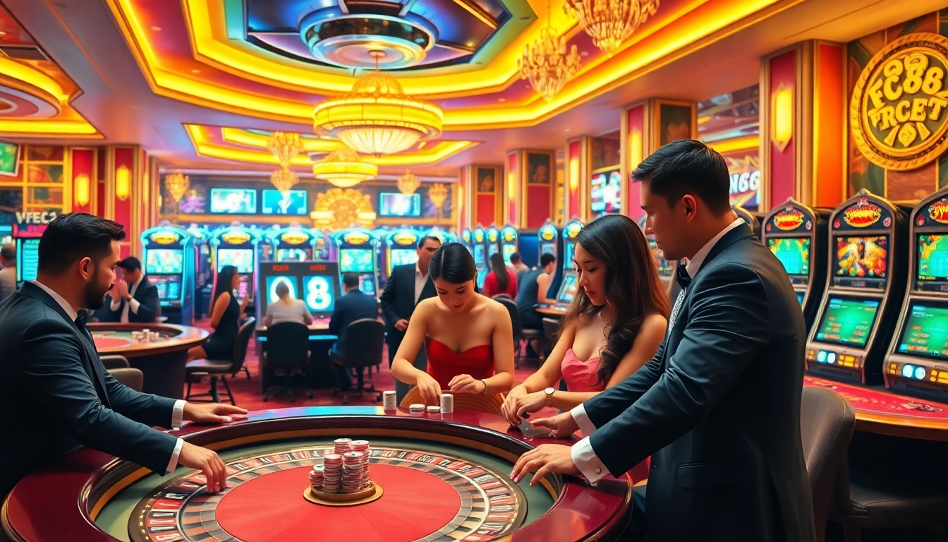Players enjoying thrilling games at the FC88 casino, showcasing excitement and luxury.