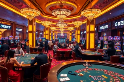Experience the thrill of 8KBET in a luxurious casino setting with vibrant games and professional gamblers.