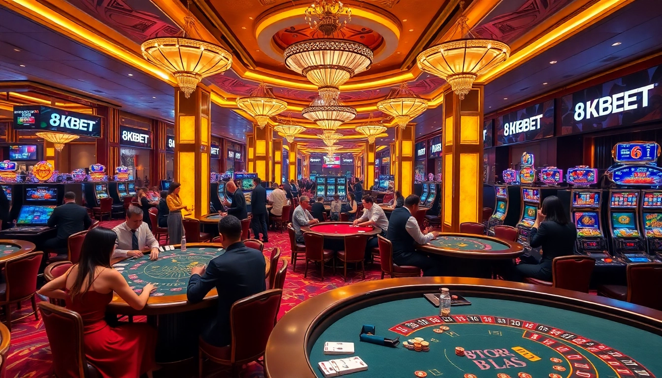 Experience the thrill of 8KBET in a luxurious casino setting with vibrant games and professional gamblers.