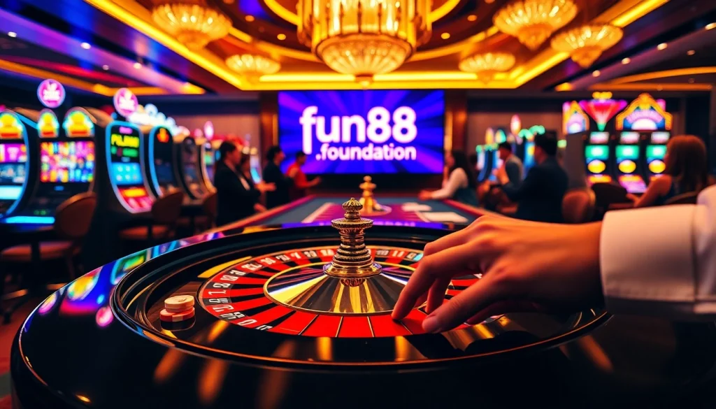Experience the thrill of betting at fun88.foundation with an engaging casino scene showcasing roulette and slot machines.