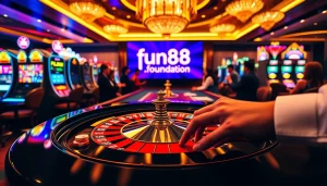 Experience the thrill of betting at fun88.foundation with an engaging casino scene showcasing roulette and slot machines.