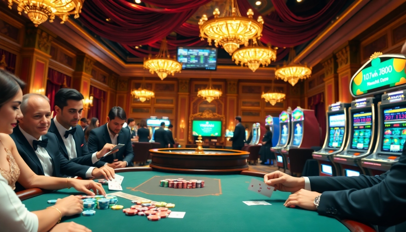 Engage with https://vua88.boo/ at an exciting casino table surrounded by players and roulette wheels.